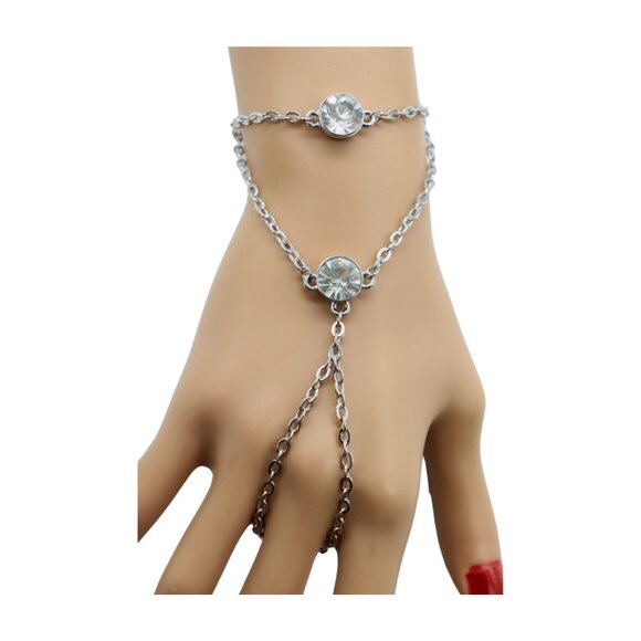 New Women Silver Metal Hand Chain Fashion Bracelet Connected Ring 2 Bling Beads - Picture 17 of 17